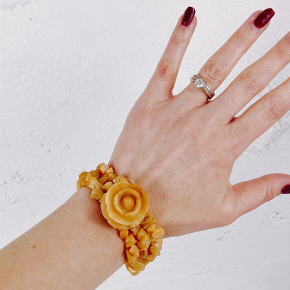 Genuine Honey Jade Gemstone Carved Rose Stretch Bracelet Boho Yellow Floral VTG - Picture 5 of 14